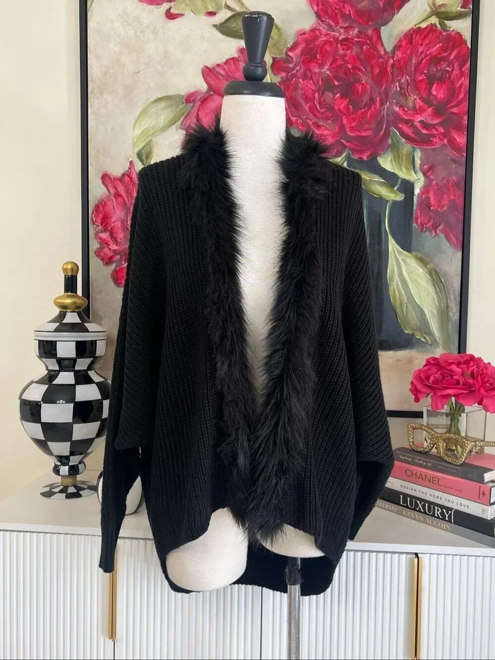 Entro Women's Faux Fur Trim Open Front Knit Cardigan Sweater Black Size Small